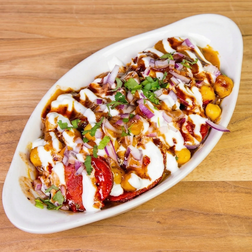 A white oval dish filled with Indian chaat, topped with yogurt, chutney, red onions, and cilantro.