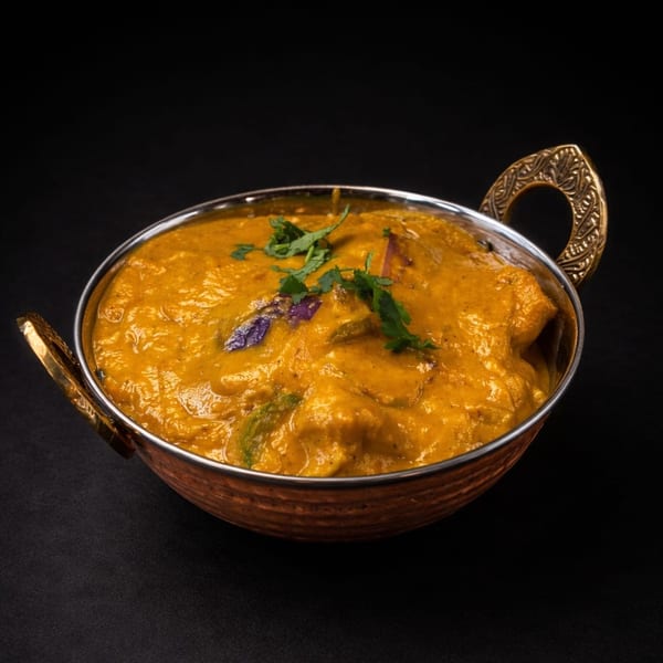 Rich orange curry with green herbs and purple garnish in a decorative copper bowl.