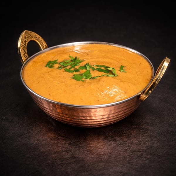 A copper karahi bowl filled with creamy orange curry, garnished with fresh green herbs.