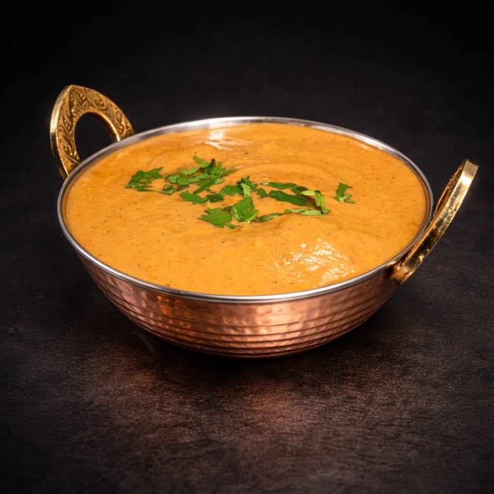 A copper karahi bowl filled with creamy orange curry, garnished with fresh green herbs.