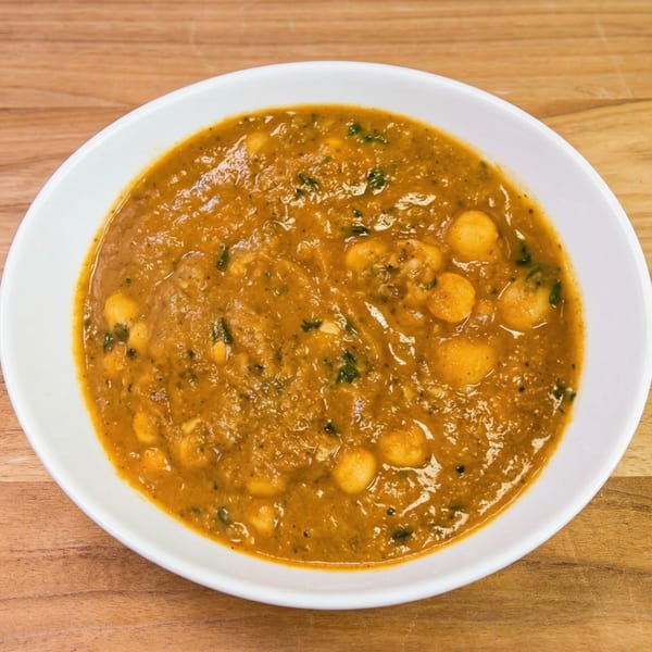 A white bowl filled with a thick, orange-brown stew containing chickpeas and green herbs, on a wooden surface.