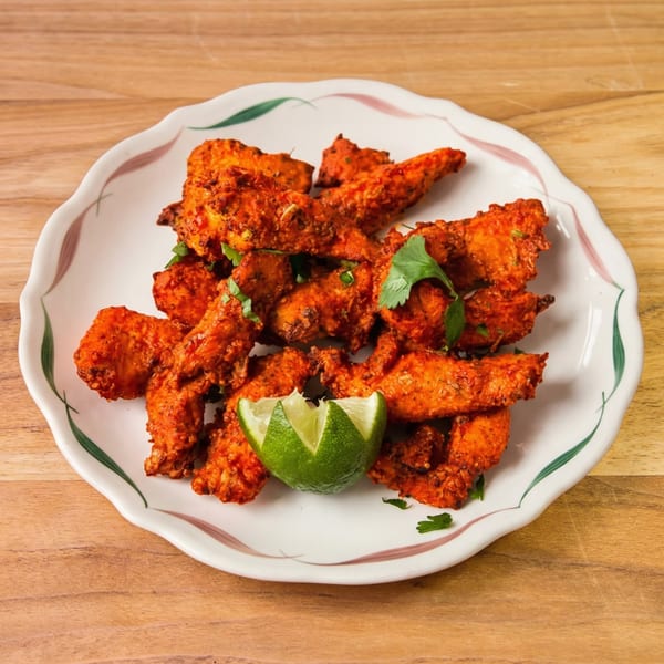 Spicy chicken tenders with cilantro and a lime wedge on a white plate with green and brown trim.