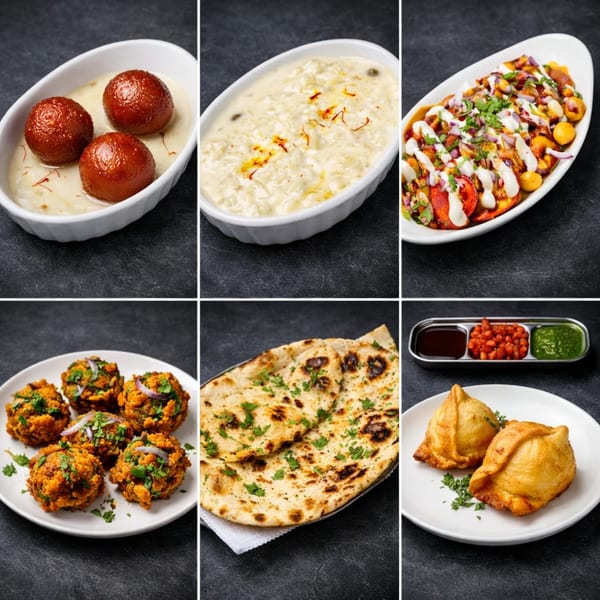 A collage of six Indian dishes, including Gulab Jamun, Kheer, Chaat, Pakora, Naan, and Samosas.