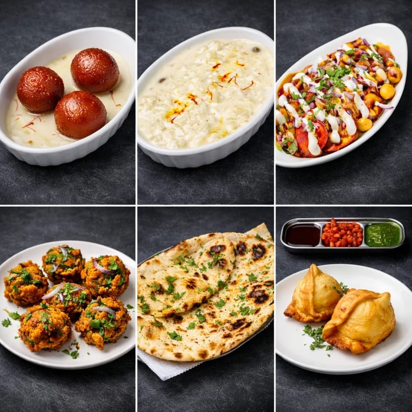 A collage of six Indian dishes, including Gulab Jamun, Kheer, Chaat, Pakora, Naan, and Samosas.